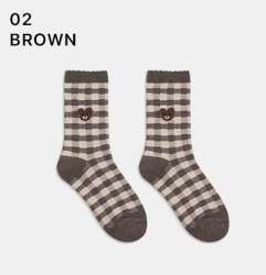  GGRN B TYPE(W-L-321) Носки женские длинные, коричневые с принтом клетка/мишка, размер 35-39, B TYPE(W-L-321-02)ADULTS