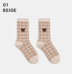  GGRN B TYPE(W-L-321) Носки женские длинные, бежевые с принтом клетка/мишка, размер 35-39, B TYPE(W-L-321-01)ADULTS